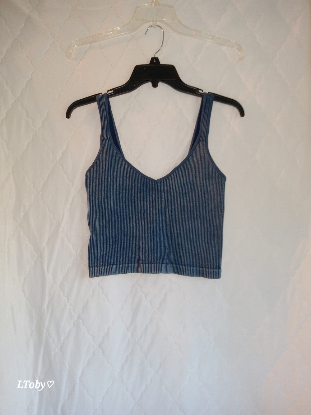 Ribbed V-Neck Crop Tank Top - Blue